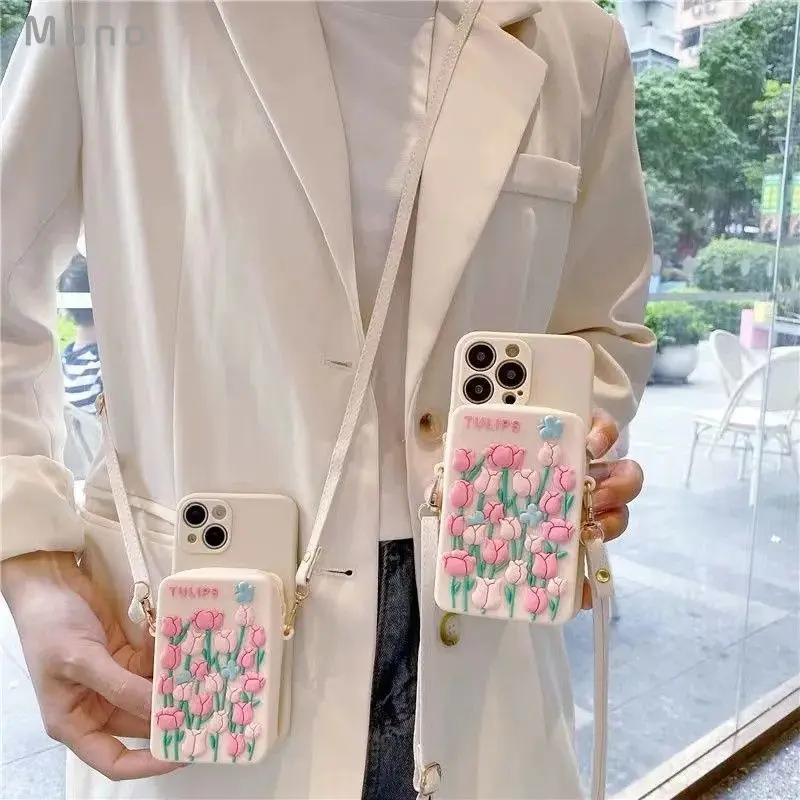 Pink Tulip iPhone 13 Pro Max Case Coin Purse iPhone 14 Protective Case 12 11 Crossbody Strap Card Holder Wallet Coin Purse Phone Case Wallet Phone Case Card Holder Phone Case
