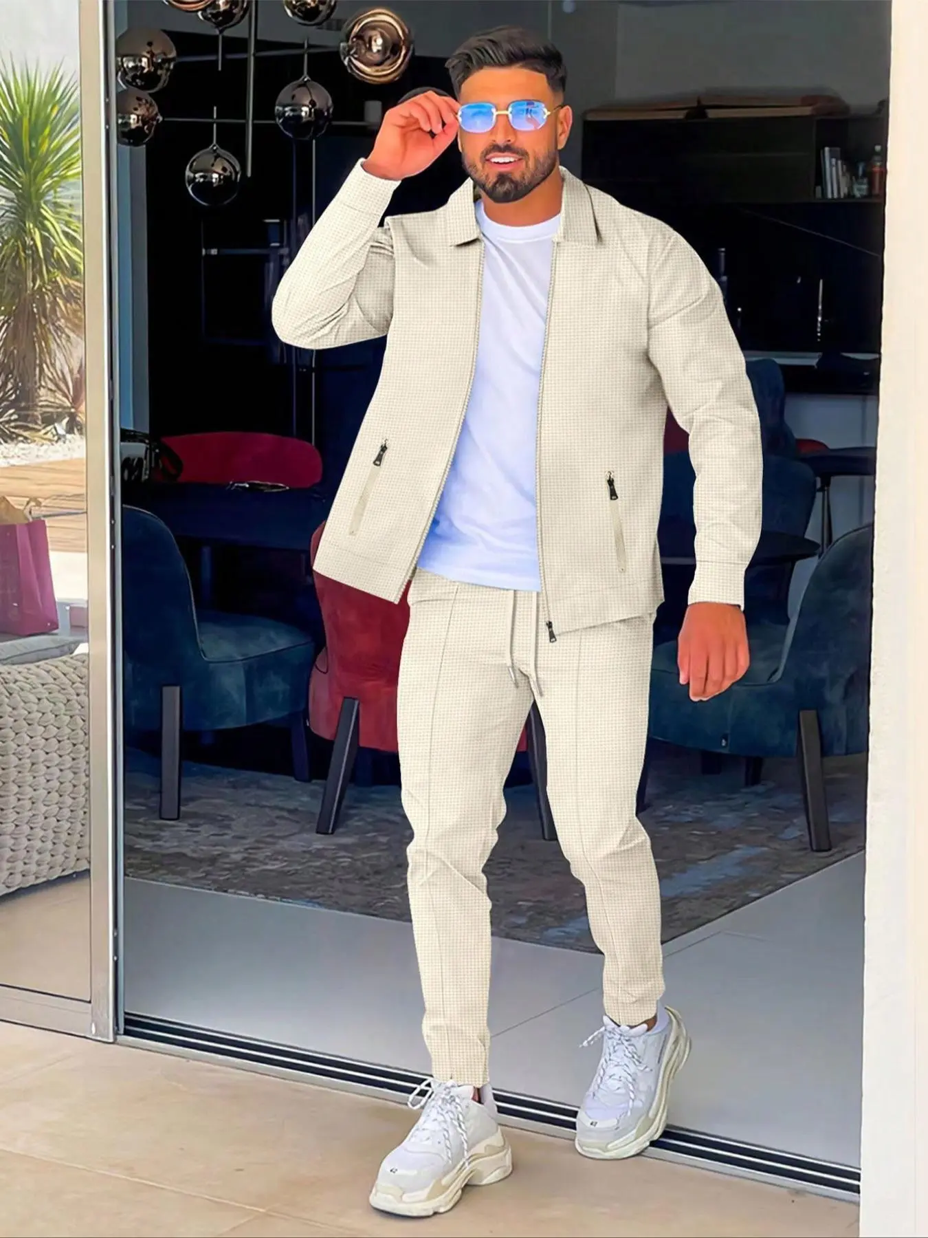 Men's Solid Zip Up Jacket & Drawstring Waist Pants Waffle Set, Regular Fit Casual Long Sleeve Collared Outerwear & Pocket Trousers, Men's Spring & Fall Clothes, Men's Top and Bottoms