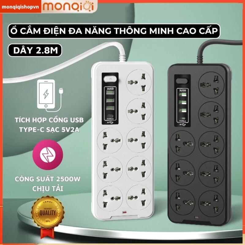 【Rẻ Ổ Cắm Điện Đa Năng Cao Cấp A8 Sạc Nhanh Cổng USB TypeC Chịu Tải 2500w An Toàn Chịu Nhiệt Dây 2,8M