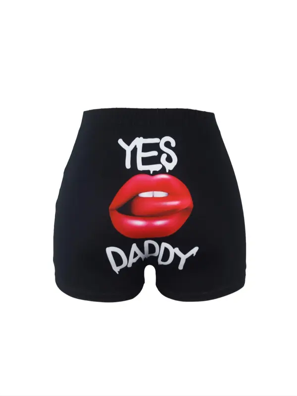 Women's Letter & Lip Print Skinny Shorts, Casual Elastic Waist Shorts for Yoga Gym Workout, Ladies Bottoms for All Seasons Valentine's Day, gift 0