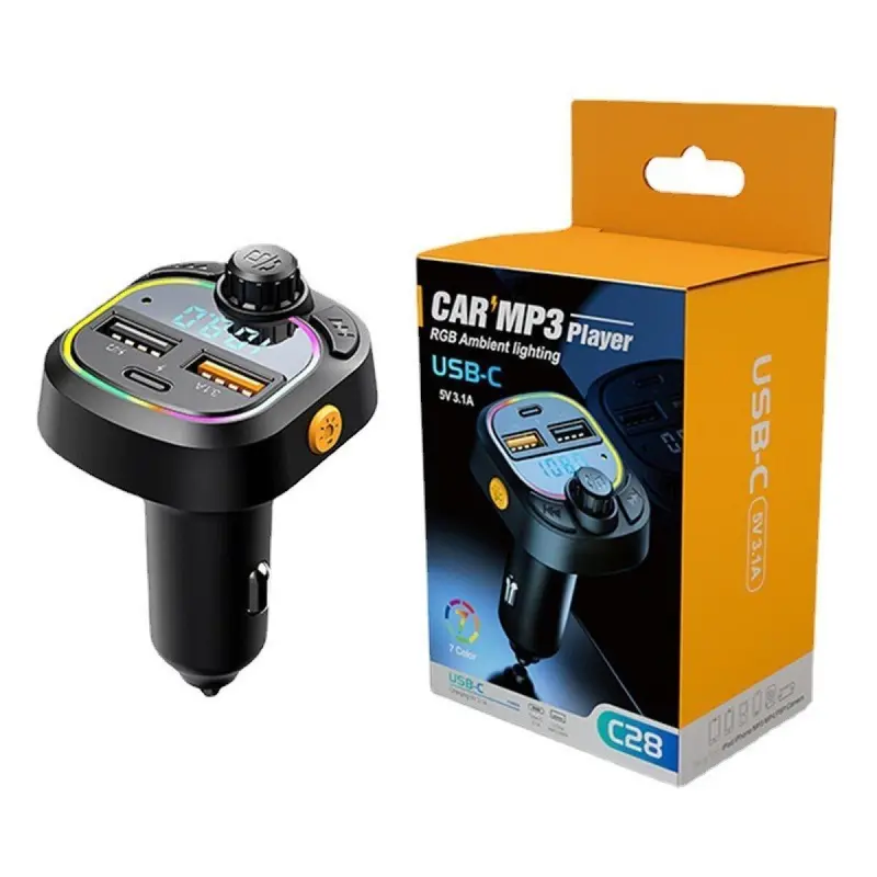 [OTTO]C28 Car Charger Mobil 3 Port Fast Charging USB Chargers FM & MP3 Bluetooth Transmitter Hitam Led Logam Ponsel Handphone Pengisi Wireless 1
