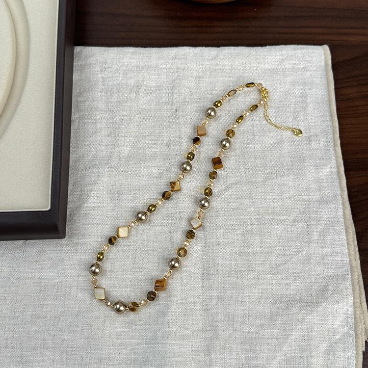 gelang baliGelang Bali Fashionable Autumn and Winter Maillard Tigereye Dicksoniaceae Irregular Beaded Necklace Temperament Entry Lux Simple Sweater Chain Necklace Setnecklace set 4