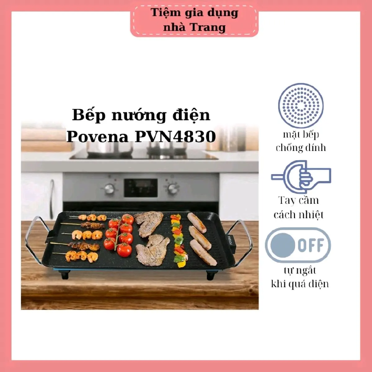 [LOẠI TO DÙNG CHO 2-3 GĐ]BẾP NƯỚNG ĐIỆN KHÔNG KHÓI PO.VE.NA- PVN4830 CÔNG SUẤT 1500W (KT: 49x23x11cm) BH 12 THÁNG.