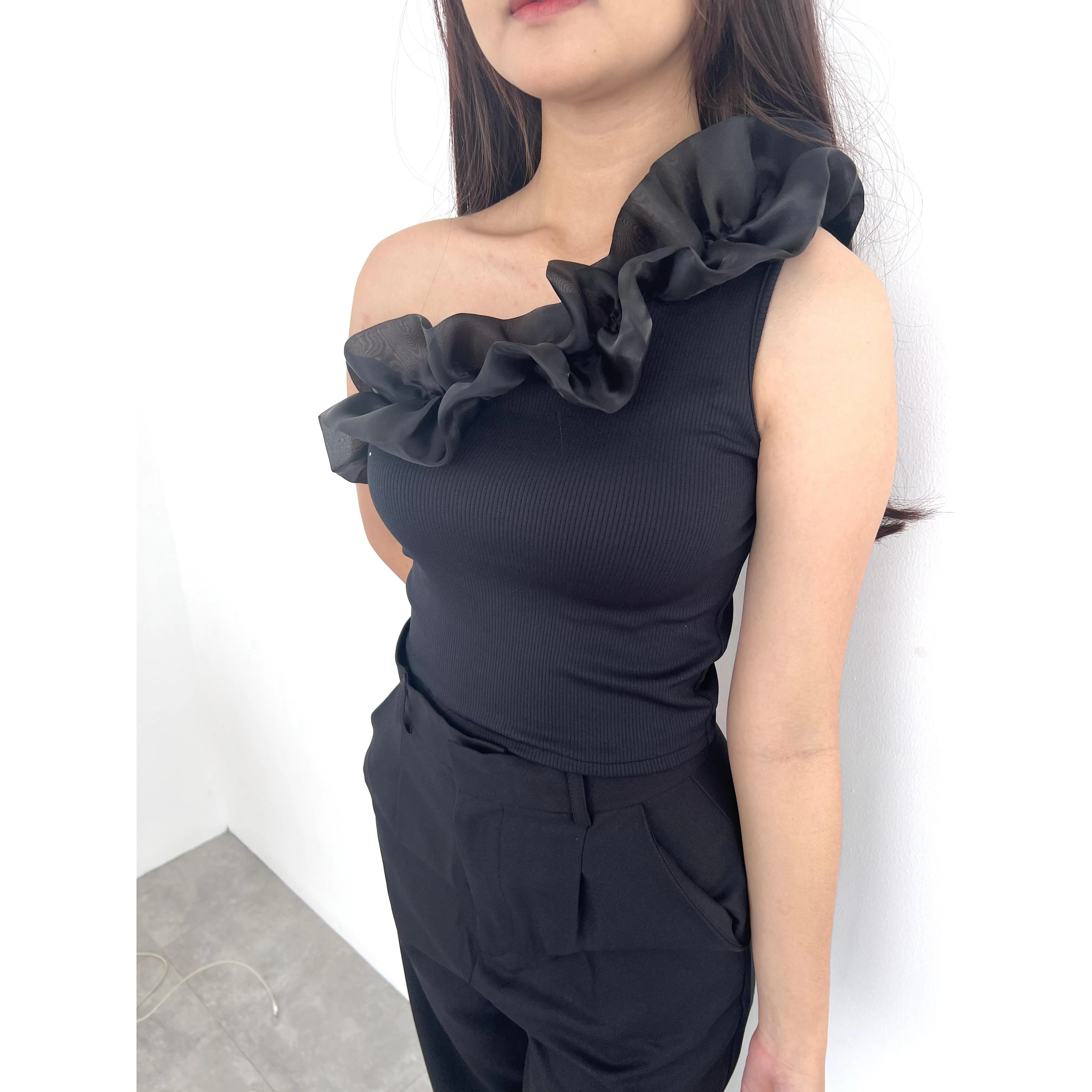 Evaluna Atasan One Shoulder Ruffle Cross Body Rib Knit CALLISTA- 1.0378 rib  knit