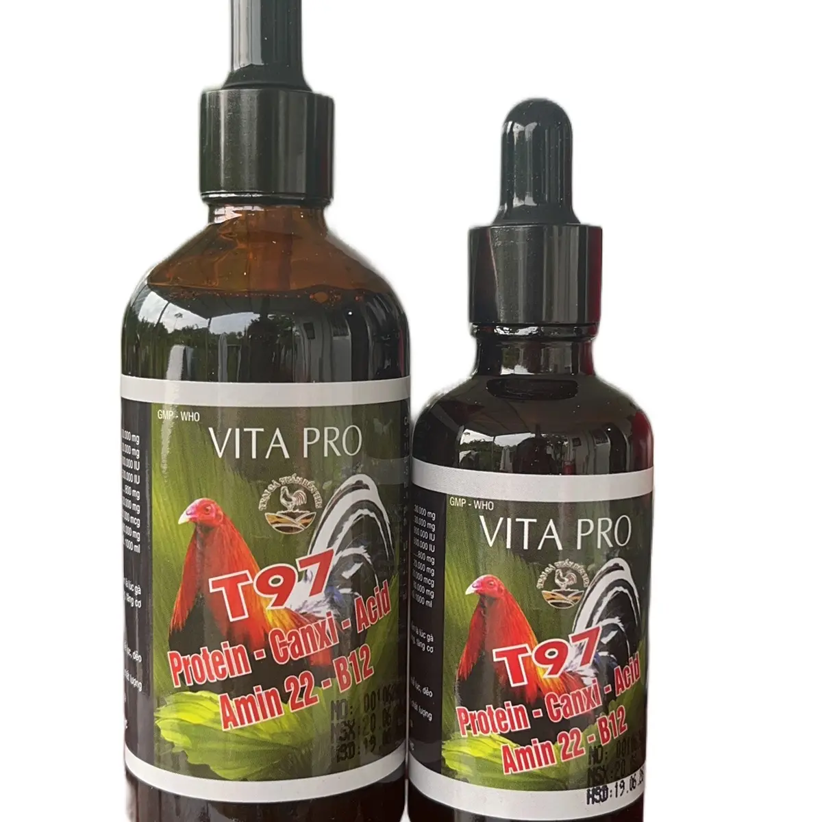 Dinh dưỡng cho gà tơ T97 cung cấp canxi , protein,b12, axit amin,... giúp gà ăn mạnh, sung túc,...chai 50ml và 100ml mẫu mới