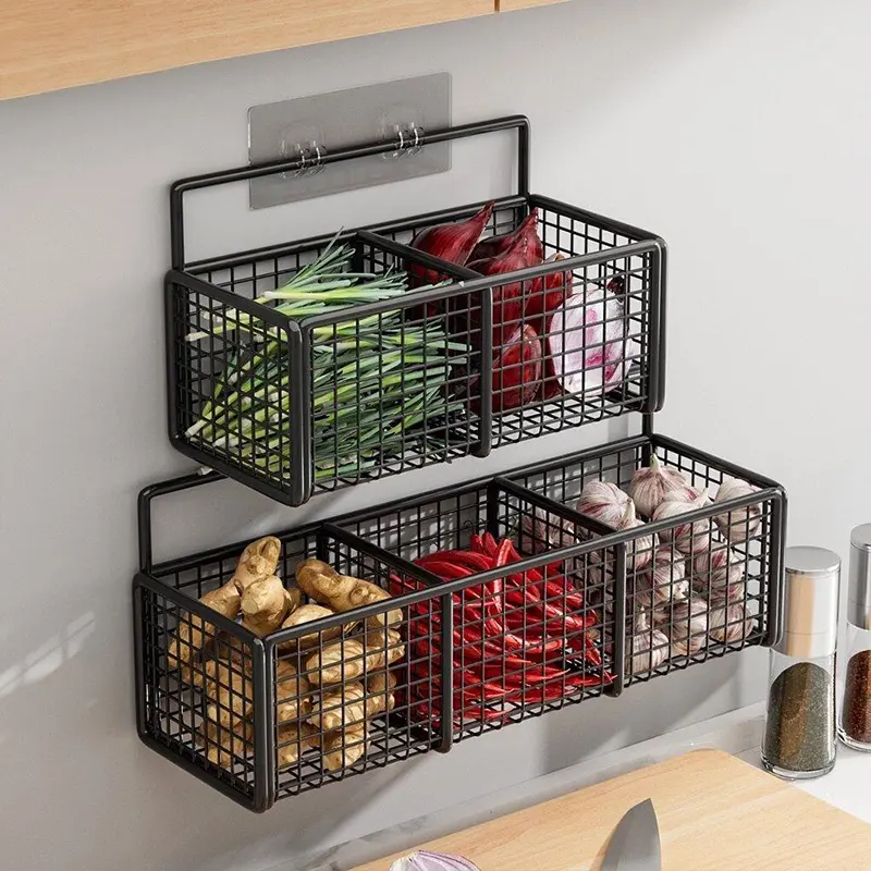 Carbon steel Onion ginger garlic storage basket kitchen rack small hanging wall-mounted seasoning box artifact Free Punch Wall Hanging Rack Kitchen Organizer rak  multifungsi rak  dinding buku work bekas & rak penyimpanan