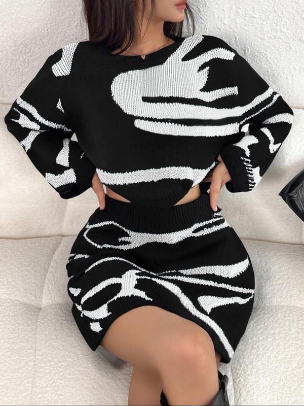 Women's Random Pattern Drop Shoulder Sweater & Elastic Waist Short Skirt Two-piece Set, Casual Fashion Cozy Knitwear Set for Daily Outdoor Wear, Women Knitwear for Fall & Winter 6