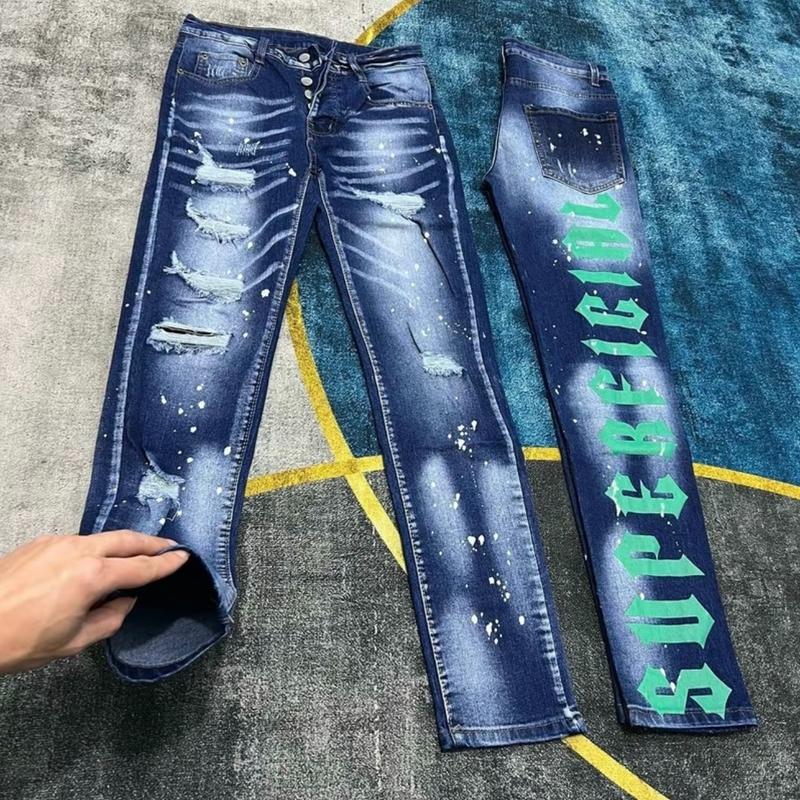 Quần jean nam boy phố màu xanh phối chữ dài bản 4 cúc mẫu HOT NEW Menswear Pants