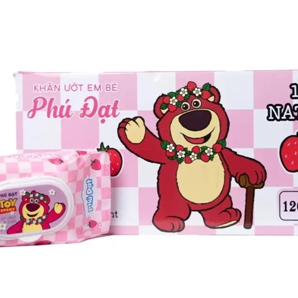 Thùng 24 gói khăn ướt gấu Phú Đạt không mùi hình Gấu Dâu Ca rô,không hoá chất an toàn cho bé mỗi gói nặng gần 400 gram