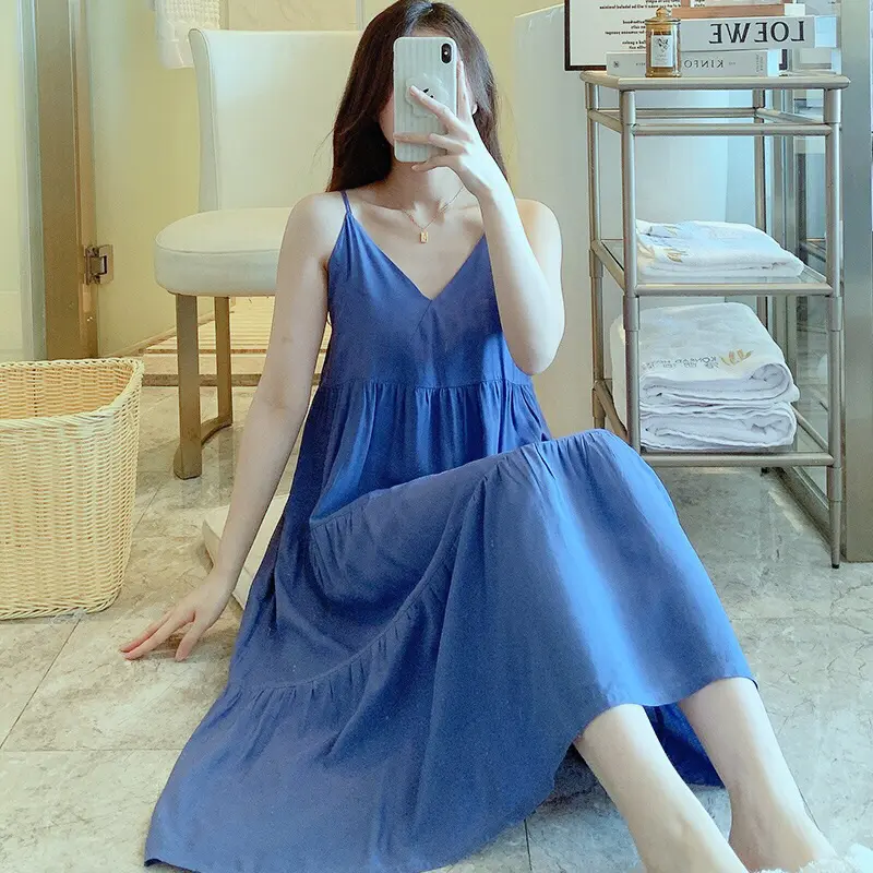 Váy Ngủ, Đầm Mặc Nhà 2 Dây Cổ V Dáng Xoè Chất Liệu Lanh Siêu Mềm Mát Mịn, Hàng Quảng Châu Freesize 47-75kg 8