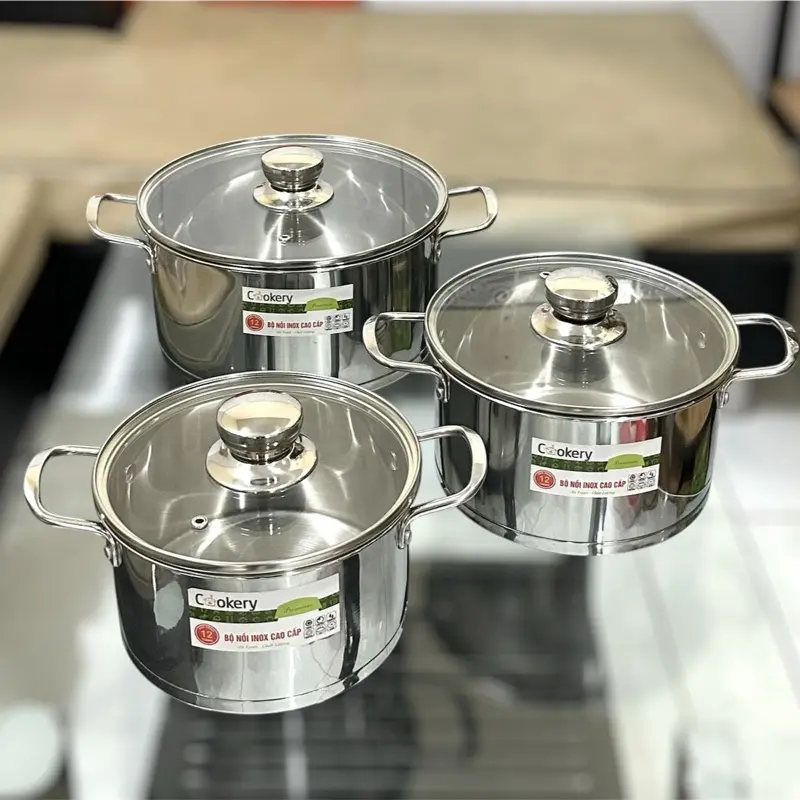 BỘ 3 NỒI COOKERY THÂN ĐỨNG - 3 ĐÁY - INOX 430 - SIZE 18 - 20 - 24 0