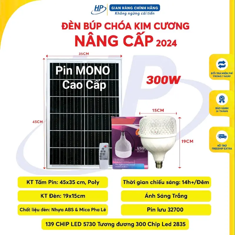Đèn Búp Năng Lượng Mặt Trời Chóa Kim Cương Sáng Cả Đêm. Chip 5730. Bảo Hành 24 tháng 1