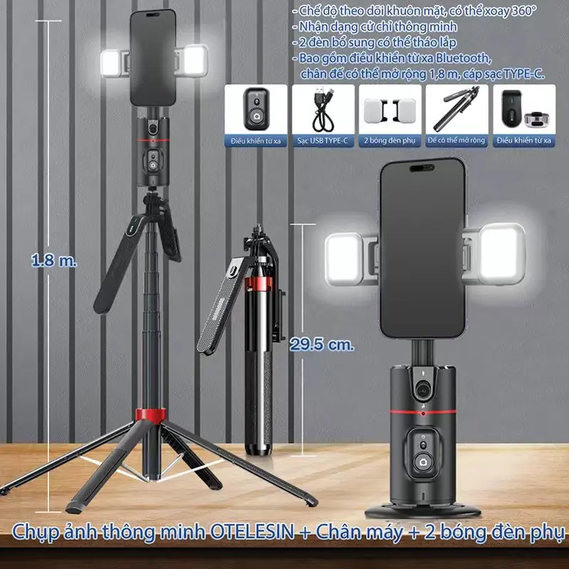 Gậy selfie di động mới, Gậy selfie xoay 360°, Gậy selfie Bluetooth không dây có thể điều chỉnh di động,Gía đỡ quay phi 4 chân  có đèn led, xoay chống rung 360 độ, thiết kế khung thép chắc chắn Phụ Kiện