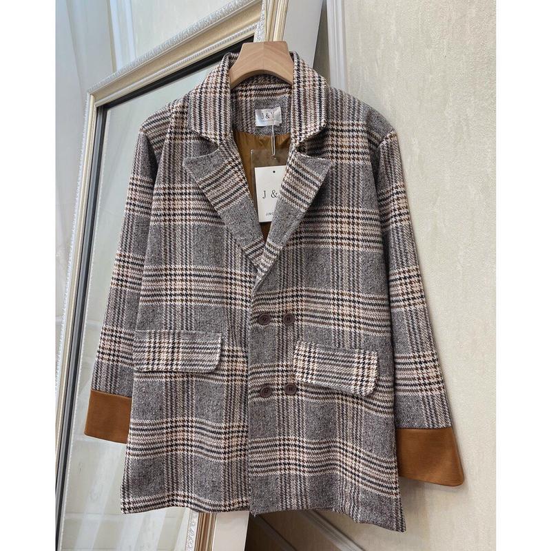 Áo vest dạ kẻ nâu 2 lớp dày dặn Áo blazer nữ Quảng Châu