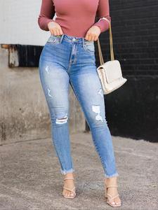 Women's Plain Ripped Button Fly Skinny Jeans, Fashion Casual Raw Hem Denim Pants for Daily Outdoor Wear, Ladies Bottoms for All Seasons