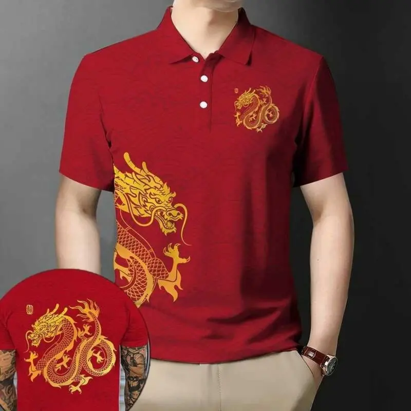 Áo Thun Nam, Phong Cách Hàn Quốc, Thể Thao Ngoài Trời, In 3D, Họa Tiết Rồng, Màu Đỏ, Áo Ngắn Tay, Thích Hợp Cho Quần Áo Ngày Lễ, Áo Polo Nam Thường Ngày Menswear Có Cổ Shirt 3