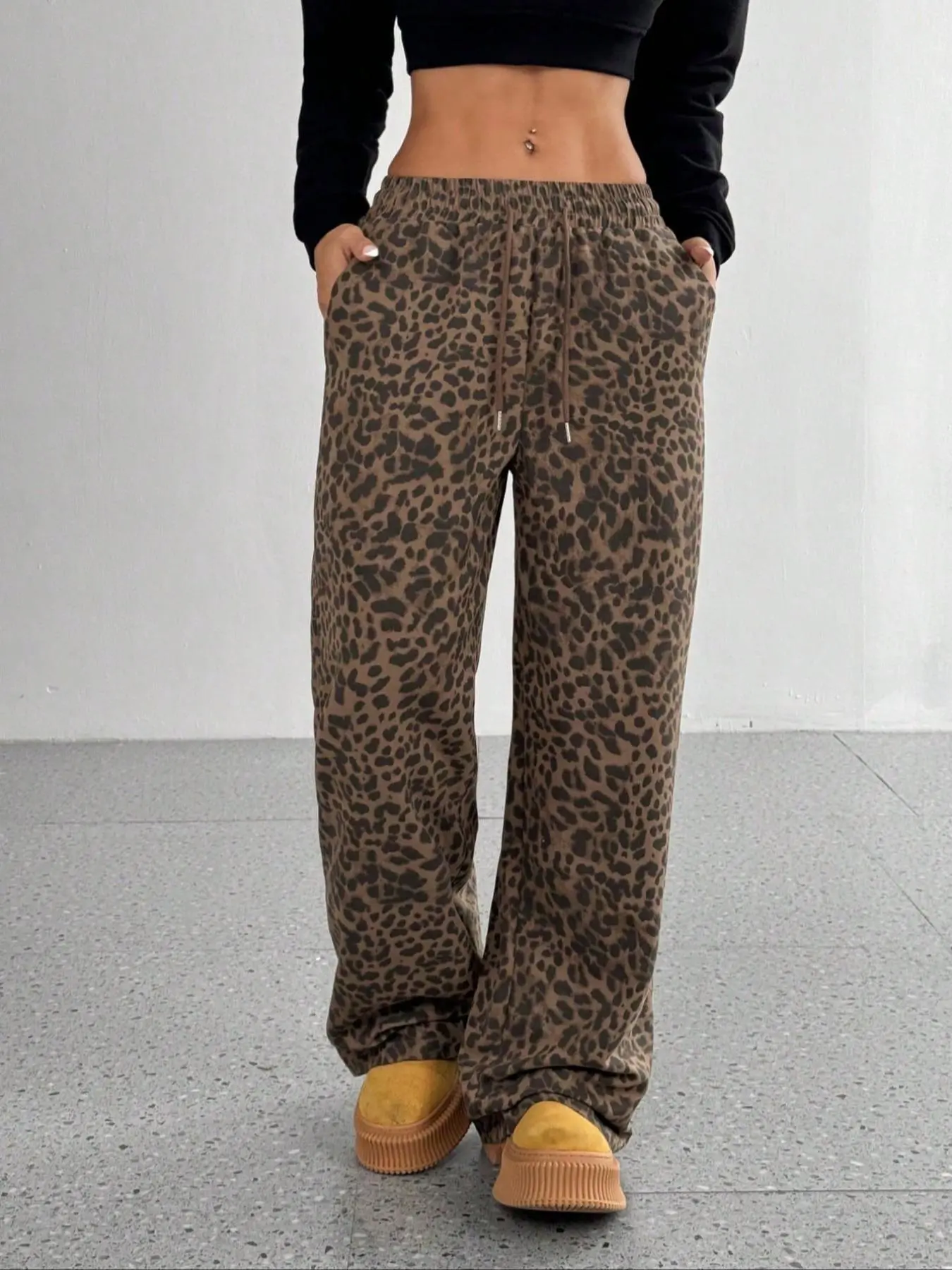 Women's Leopard Print Wide Leg Pants, Casual Comfy Drawstring Waist  Trousers for Daily Wear, Ladies Bottoms for All Seasons