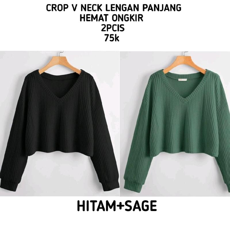 Promo 2pcis Crop V Neck Lengan Panjang Wanita - Baju Knitwear Nyaman - Formal, Midi kemeja vest jumbo 3