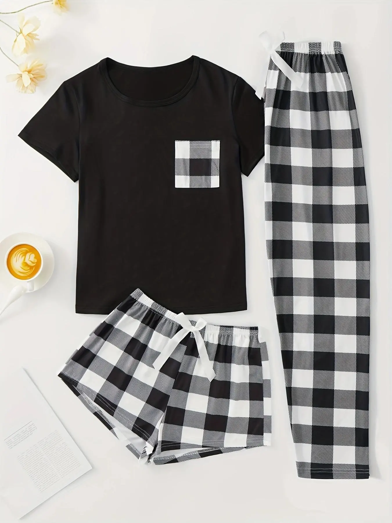Women's Plaid Print Tee & Bow Front Shorts & Elastic Waist Pants Pyjama Set, Summer Clothes Women, Casual Lounge Set for Daily Wear, PJ Sets for Women