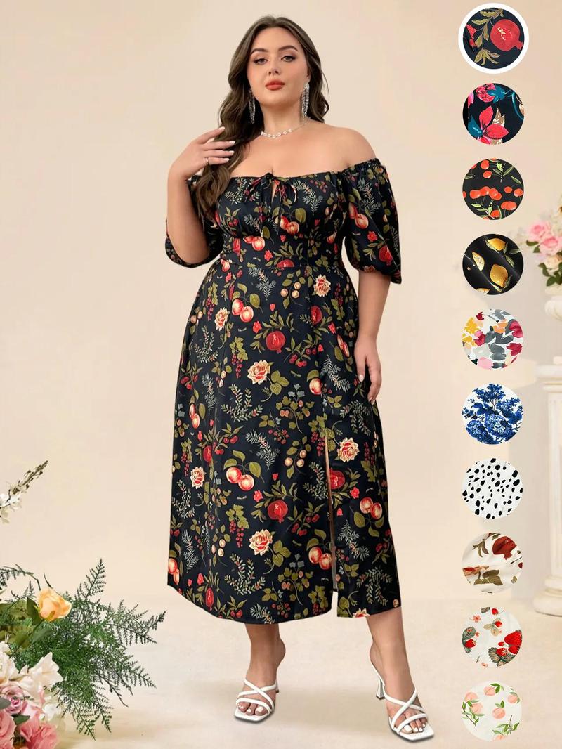 Product Introduction of Back To School Womenswear Plus Size Fruit Print Puff Sleeve Dress, Casual Wear Shirred Split Thigh A Line Dress for Daily Holiday Vacation Wear, Chic Dresses for Women, Women Plus Clothing for Summer,  Clarasummers14 Dress 16