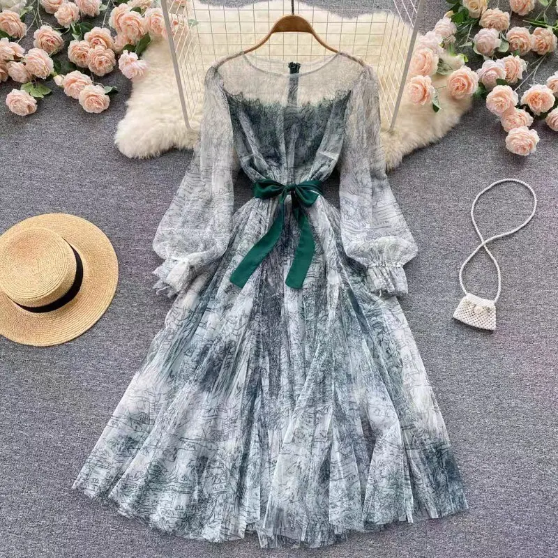 Đầm Chữ A, Thời Trang Nữ, Phong Cách Cổ Điển Thanh Lịch, Chất Liệu Voan Lưới, Thích Hợp Cho Bữa Tiệc Và Kỳ Nghỉ, Mùa Mùa Xuân Và Mùa Thu, Cổ Chân Đế Tay Phồng, Đầm In Họa Tiết