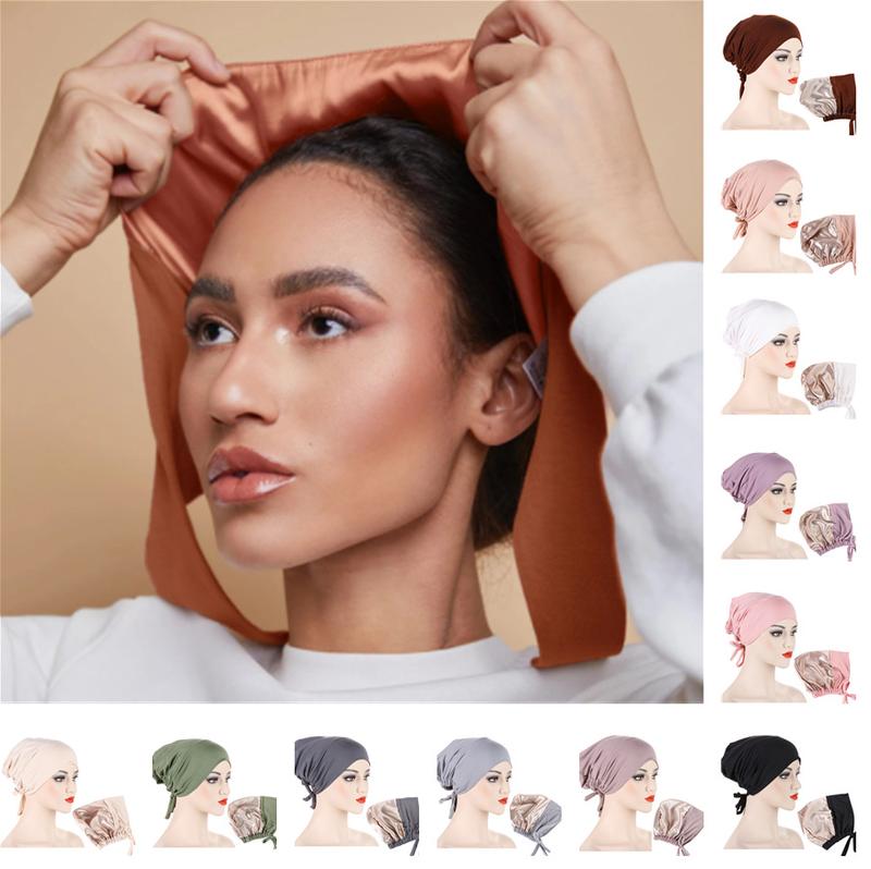 Product Introduction of Instant Hijab Muslim Tudung Inner Hijab New Multi-color Satin Cloth Drawstring Pullover Cap Base Cap Strap Tether Cap 1