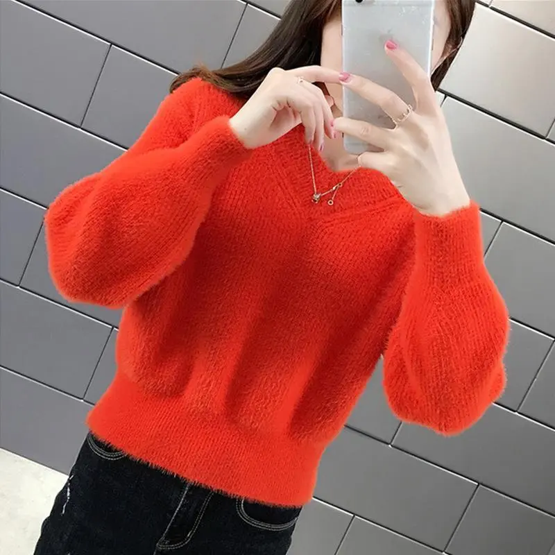 Áo Len Ngắn Lông Chồn Cho Nữ, Áo Chui Đầu Mới, Quần Áo Dệt Kim Dày, Áo Lớp Cơ Bản, Áo Cổ Chữ V Dáng Rộng Vừa Vặn Cho Mùa Thu Và Mùa Đông 0