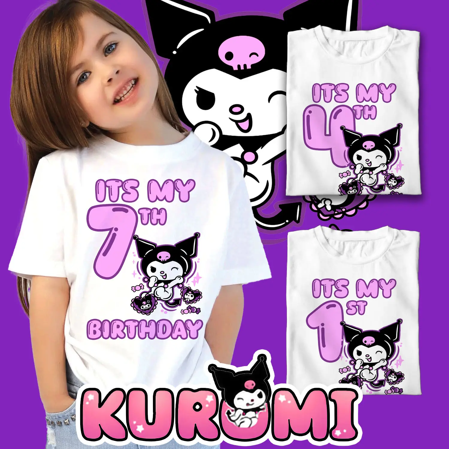 Kuromi Family Birthday Shirt for Boys and Girls, Matching Tees, 1-12 Years Old, Printed on ClassA Spandex Cotton