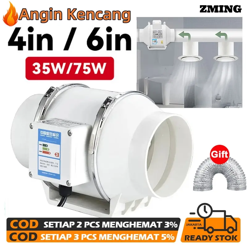 4/6Inci Kipas Knalpot Senyap/exhaust fan dinding/Ekstraktor Kipas Saluran Tertanam Peniup Ventilasi Peniup Ventilasi Pembersih Saluran Kipas Knalpot Tertanam 220V Kipas Isap untuk Kamar Mandi/Dapur