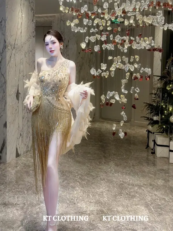 Đầm Dự Tiệc Chéo Vai Đính Đá – KT CLOTHING | Thiết Kế Sang Trọng, Kèm Choàng Lưới Quyến Rũ 2