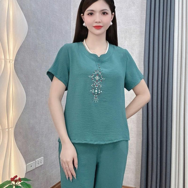 Bộ đồ trung niên, đồ bộ mặc nhà Loudra shop b39 đồ bộ tặng mẹ quần lửng áo cộc hàng đũi hàn Top Tím Nữ Women