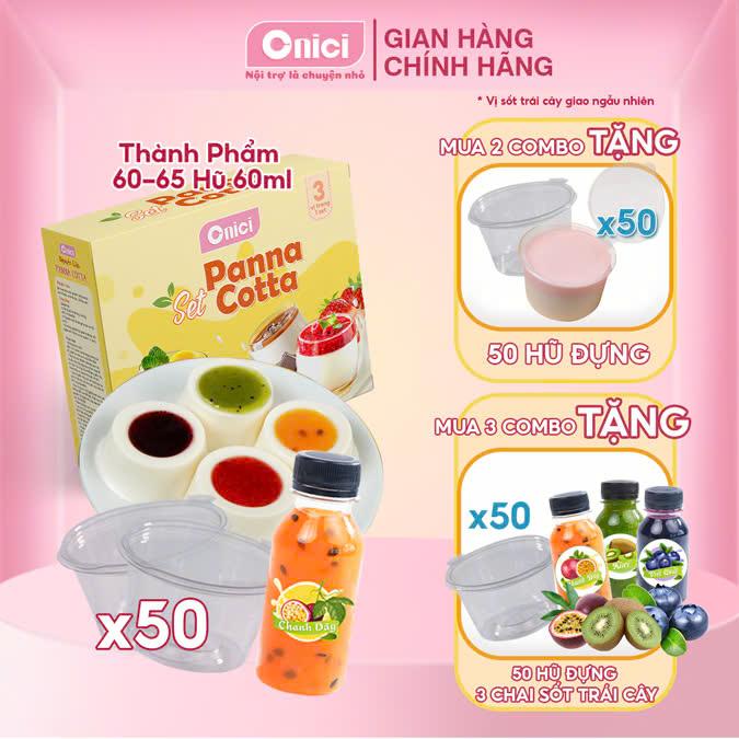Combo 1 set Panna Cotta 5 vị sốt + 1 chai sốt 100ml + 50 hũ đựng (60ml/hũ) Bếp Của Mẹ Onici [set nguyên liệu nấu được hơn 2 lit tương được 60-65 hũ]