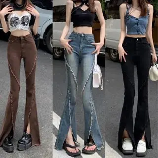 Celana Berkobar Pinggang Tinggi Wanita Pelangsing Celana Jins Berkobar Celah Retro Amerika Brown High Jeans Waist Hitam Denim Cutbray Cewek Panjang Pant Bawahan Basic Low Kaki Dewasa Kantong Light