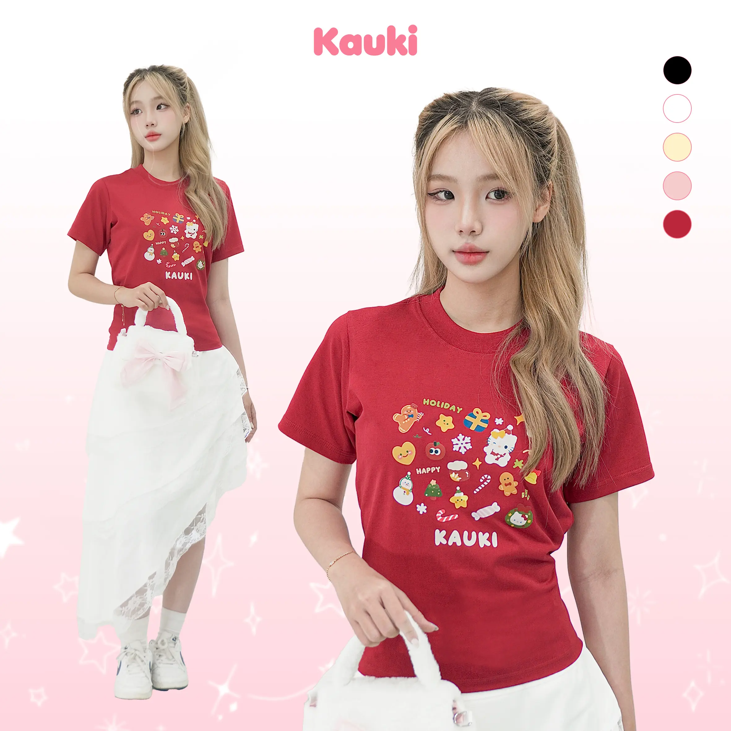 Áo Baby Tee Cotton Kauki Cổ Tròn Cute Xmas Tay Ngắn Vải Cotton 250gsm Cổ Tròn Nữ Top Women BBT20  Thun