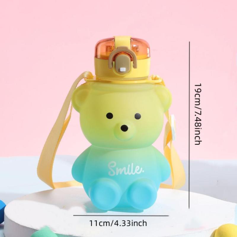 Cartoon Bear Design Water Bottle, Cute Large Capacity Water Drinking Bottle with Straw & Adjustable Strap, Portable Drinking Bottle for Home School Camp Outdoor 2