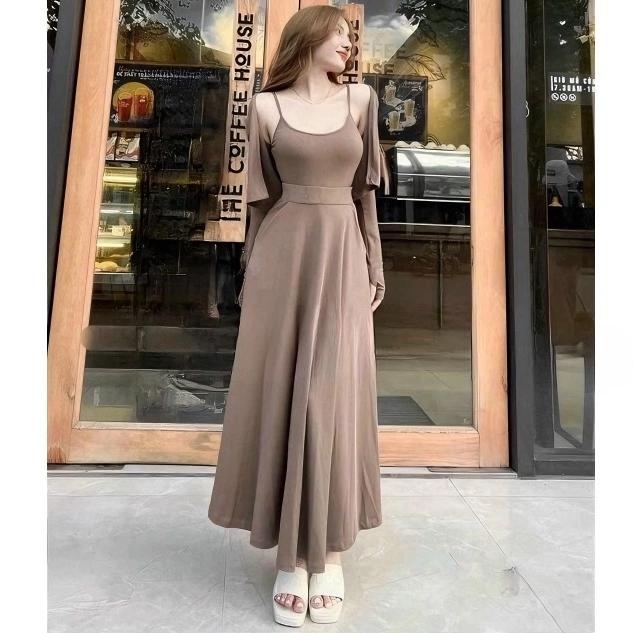 Set 3 món chân váy xòe Form dài mix áo croptop 2 dây kèm áo khoác ngoài tay dài chất thun gân Nữ Women  Kem Nhung Voi Nâu