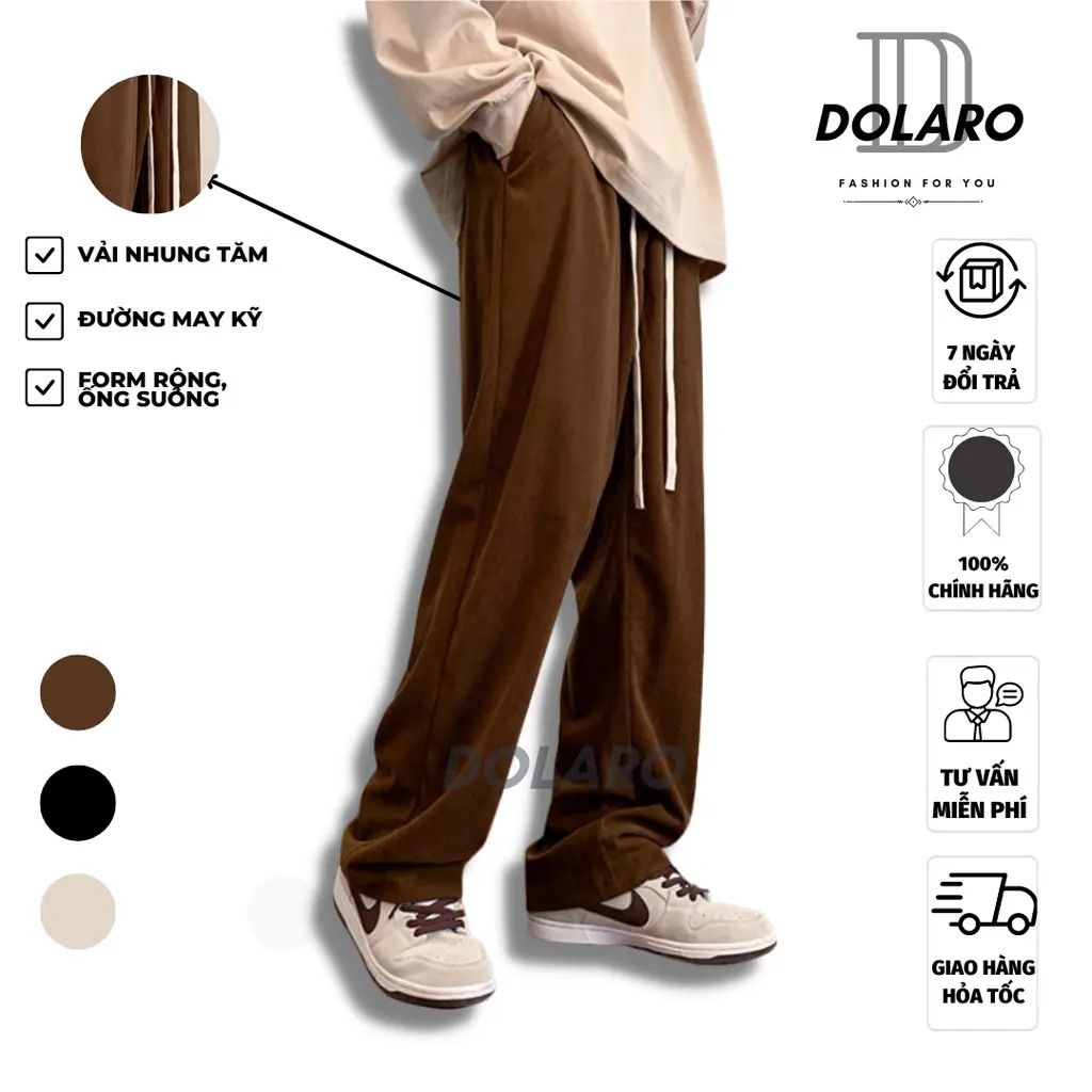 Quần ống rộng nam local brand DOLARO chất nhung tăm trơn kèm dây rút bản lớn