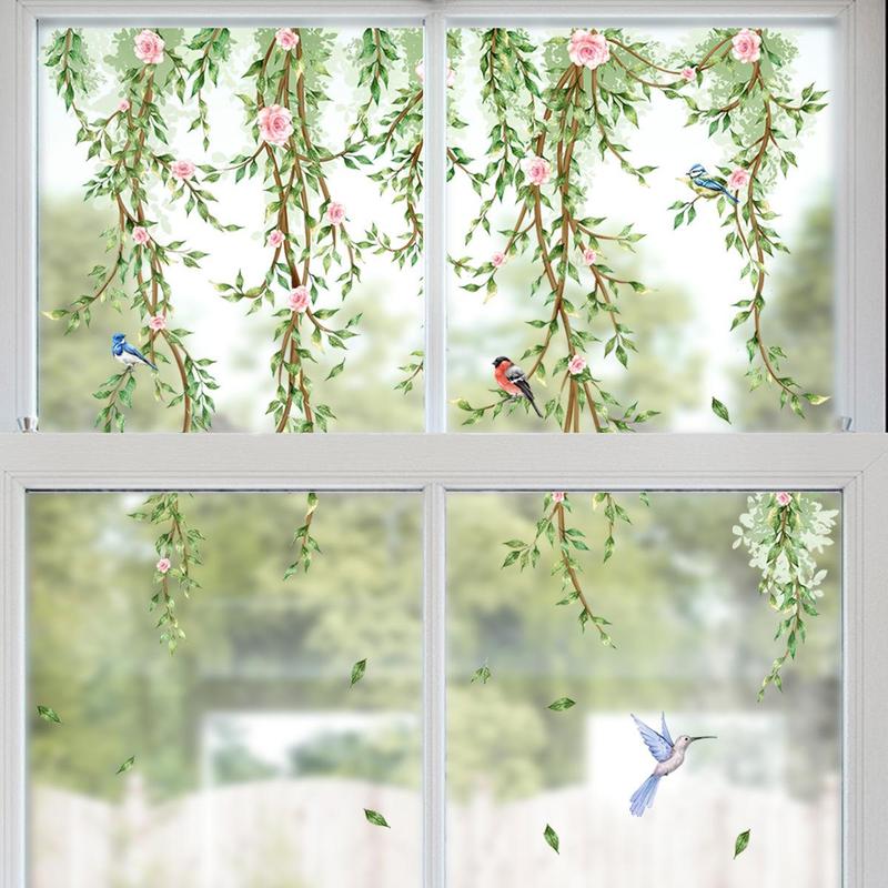 Flower & Bird Pattern Window Sticker, 2 Counts/set Colorful Exquisite Creative Double Sided Window Sticker, Decorative Sticker for Home Window Office School 0