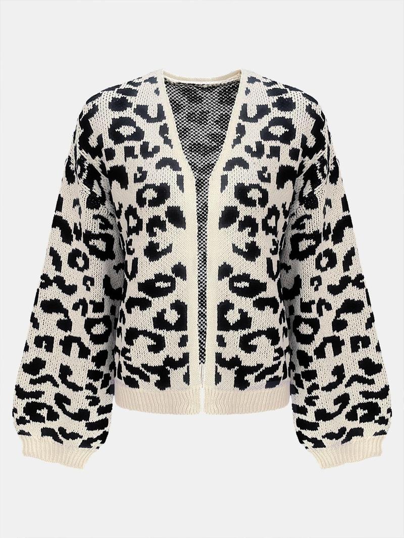 Product Introduction of Women's Colorblock Leopard Drop Shoulder Cardigan, Casual Long Sleeve Open Front Knitwear for Fall & Winter, Fashion Women's Knit Clothing for Daily Wear 6