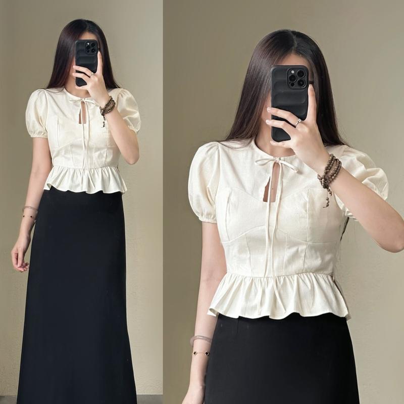 Áo Babydoll Linen Nữ (Có Đệm Ngực) Dáng Ngắn Tiểu Thư Phối Tay Phồng vạt Bèo Mùa Hè SS2025 - Kimee KA536