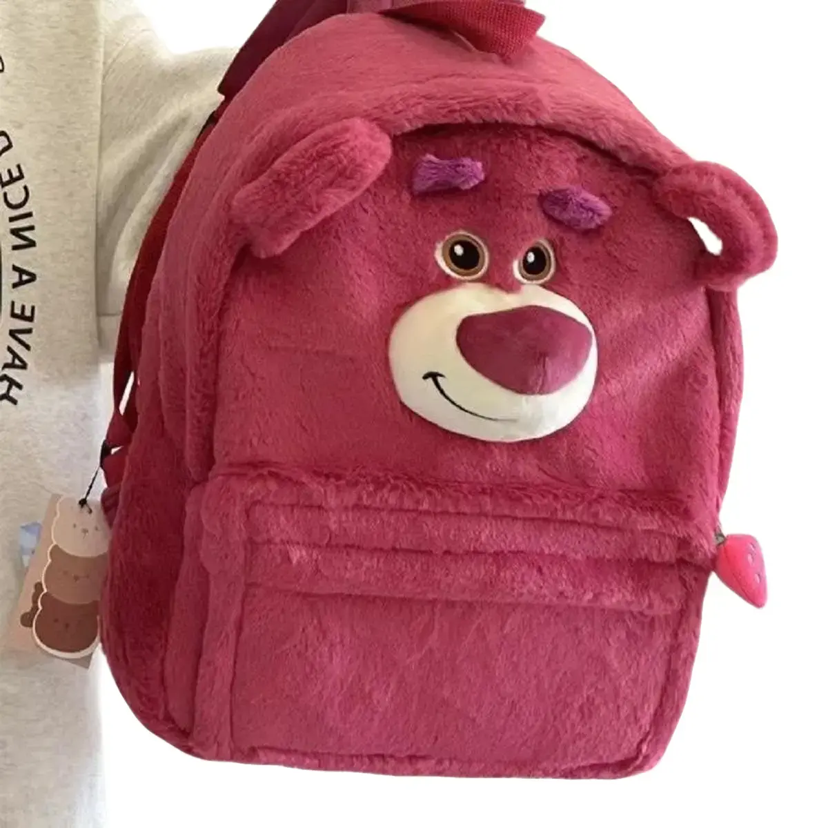 Ba Lô Đeo Vai Đi Học Hình Gấu Dâu Tây Ba Chiều Dễ Thương tặng kèm móc khóa xinh xắn Backpack Kem Da