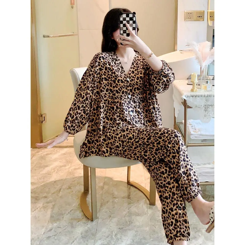 Bộ Đồ Ngủ Nữ, Ngoại Cỡ, Cỡ Cực Lớn (150,00kg), Tay Cropped Xén, Họa Tiết Da Báo, Thích Hợp Cho Mùa Xuân, Mùa Thu Và Mùa Hè, Đồ Mặc Nhà, Gợi Cảm, Bộ Đồ Hai Mảnh Mới