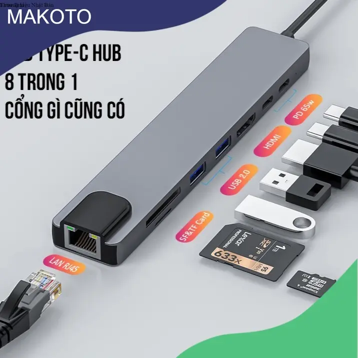 HUB Type C và HUB USB 3.0 - Cổng chuyển đổi HUB USB Type-C - USB 3.0 to HDMI,USB 3.0,SD,TF,RJ45,PD Type-C cho Macbook usb  hub
