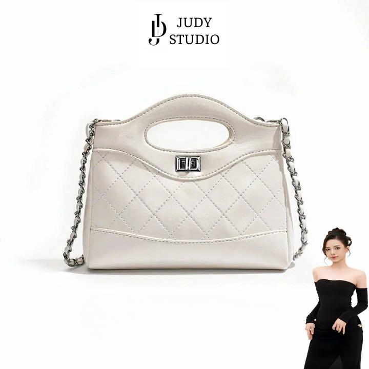 [6789#] Túi Xách Nữ Cao Cấp Phong Cách Hàn Quốc Sang Trọng Phối họa tiết Ô trám Túi Đeo Chéo Xách tay Màu Trắng/Đen Bag Da Hoa