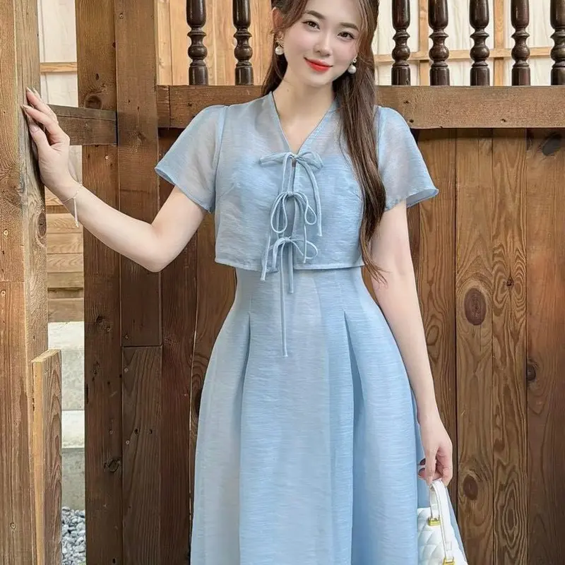 Đầm váy nữ dáng da áo khoác voan cột nơ xinh xắn màu xanh tôn da quý phái đi chơi dự tiệc đi biển 2