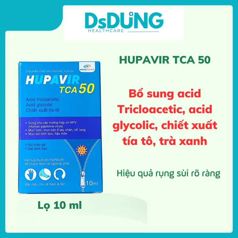[Che tên] Hupavir TCA 50-Monapharm-bổ sung acid tricloacetic, acid glycolic,chiết xuất tía tô,trà xanh-Hỗ trợ đào thải HPV, làm rụng, giảm sùi mào gà, mụn cóc cả nam và nữ-lọ 10ml 1