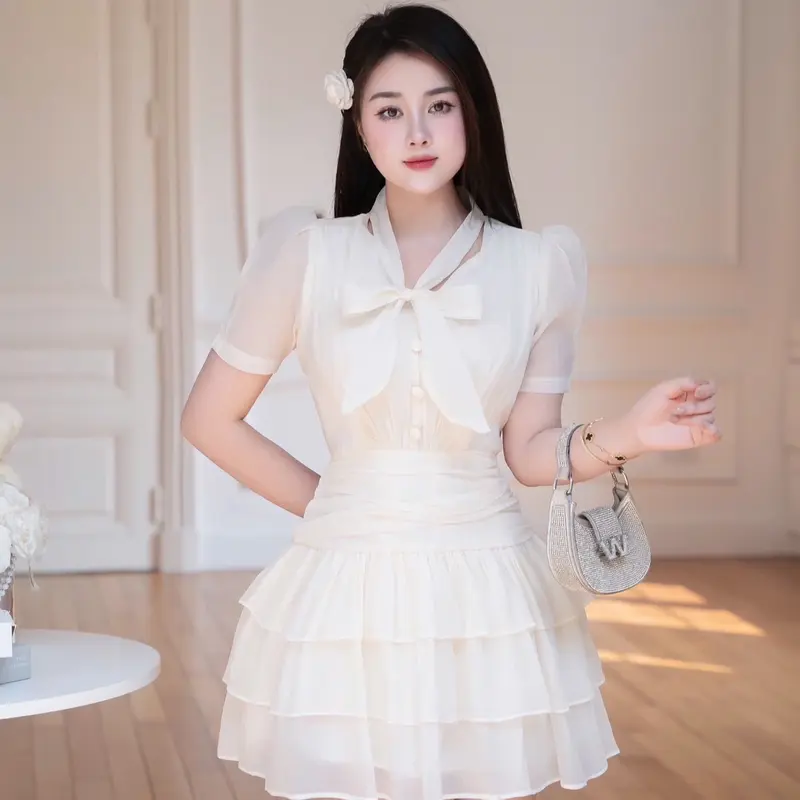 Lali_váy tơ xốp xoè tầng buộc nơ cổ cúc bọc sang chảnh_Ll060 3
