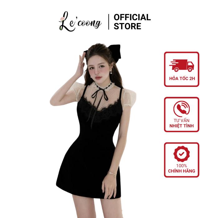 Váy Nhung Tiểu Thư Hai Dây Phối Voan Bi LECOONG B225 CÓ BIGSIZE Đầm Đi Tiệc Buộc Nơ Sang Chảnh