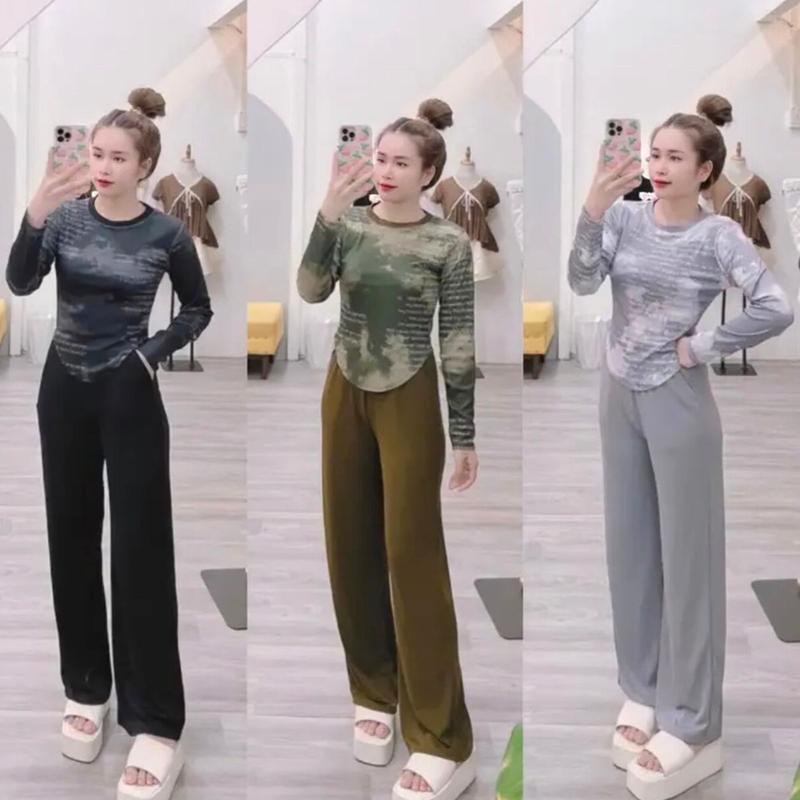 Set Đồ Nữ Đẹp Sang Chảnh Áo Tay Dài Bigsize Quần Ống Suông Thun Gân Lạnh ESHOP Đồ Bộ Nữ Áo Cổ Tròn Dài Tay Ủ Kem Mặc Nhà Thoải Mái Xinh Top Chất Thun Tăm Lạnh DT69 Women Ong