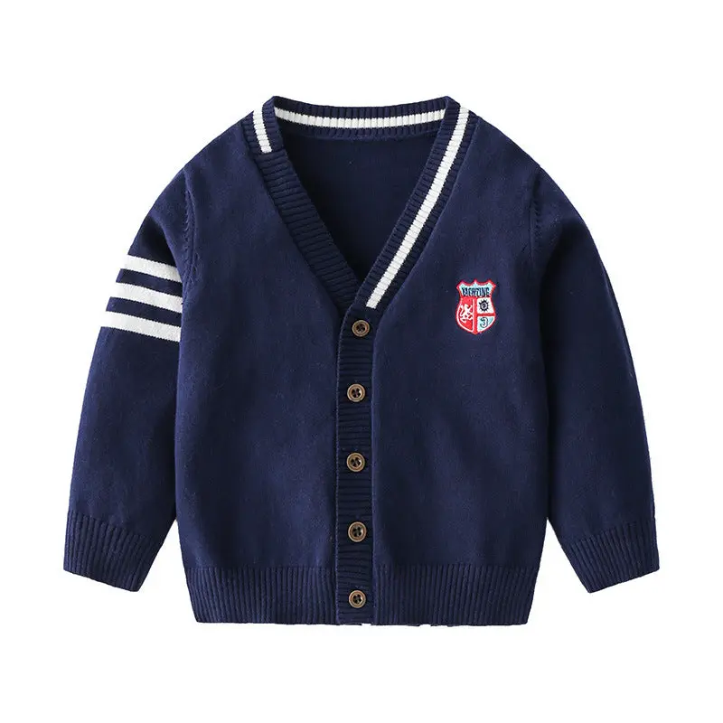 Baju Atasan Cardigan Panjang Kancing Depan Bahan Rajut Fashion Kualitas Anak Cowok Motif Garis-Garis Modish & Stylish Warna Navy Gray Abu-Abu 2